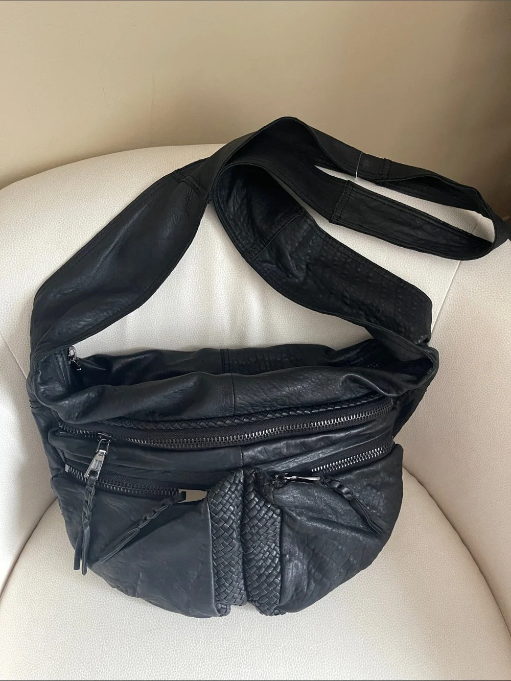 7chi Black Super Soft Leather Crossbody Sling Bag